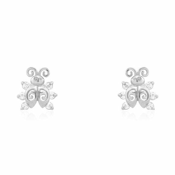 14k Solid Gold Round Cut White Zircon Ladybug Screw Back Stud Kid Earrings - Picture 6 of 7